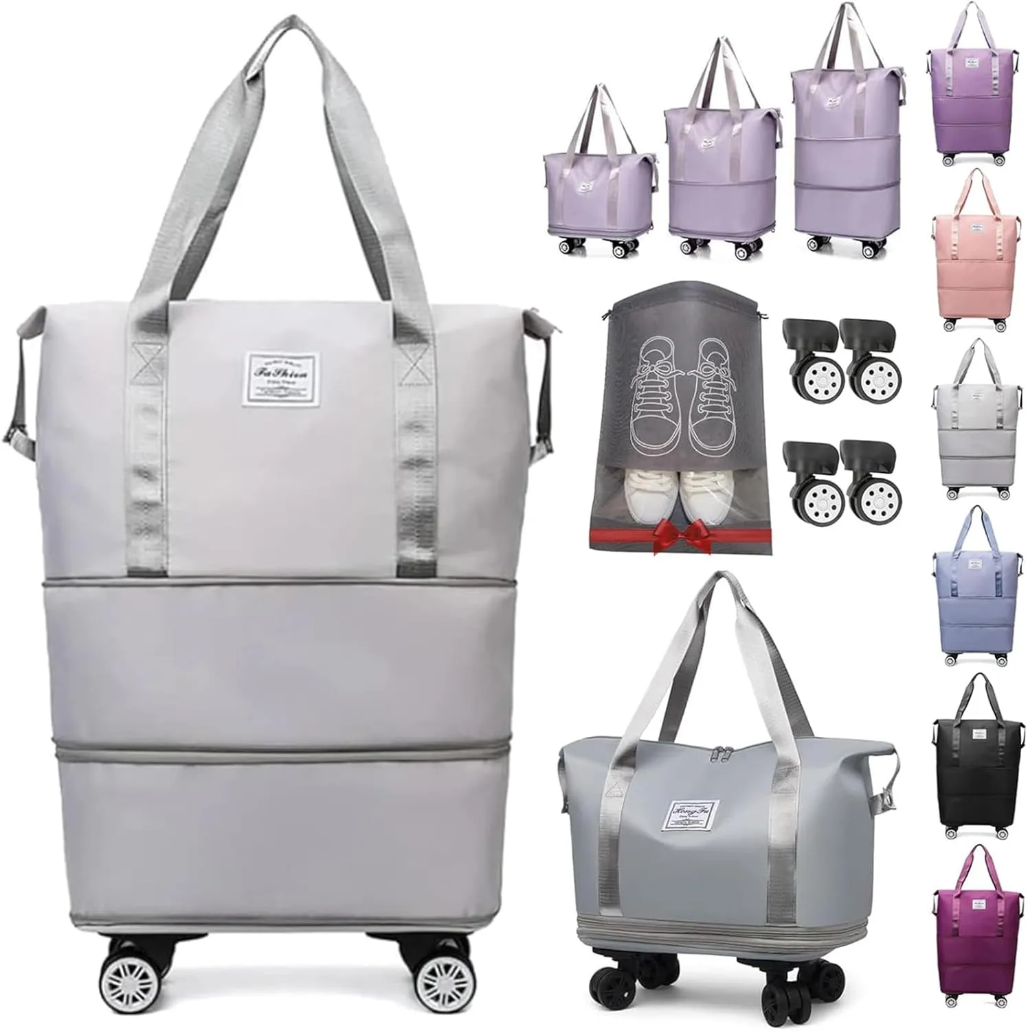 Beente/Pepepo/Kulken Travel Bag with Wheels, 2025 New Large Capacity Travel Bag with Wheels - Universal Wheel Removable, Wide-Open Travel (Light Grey)