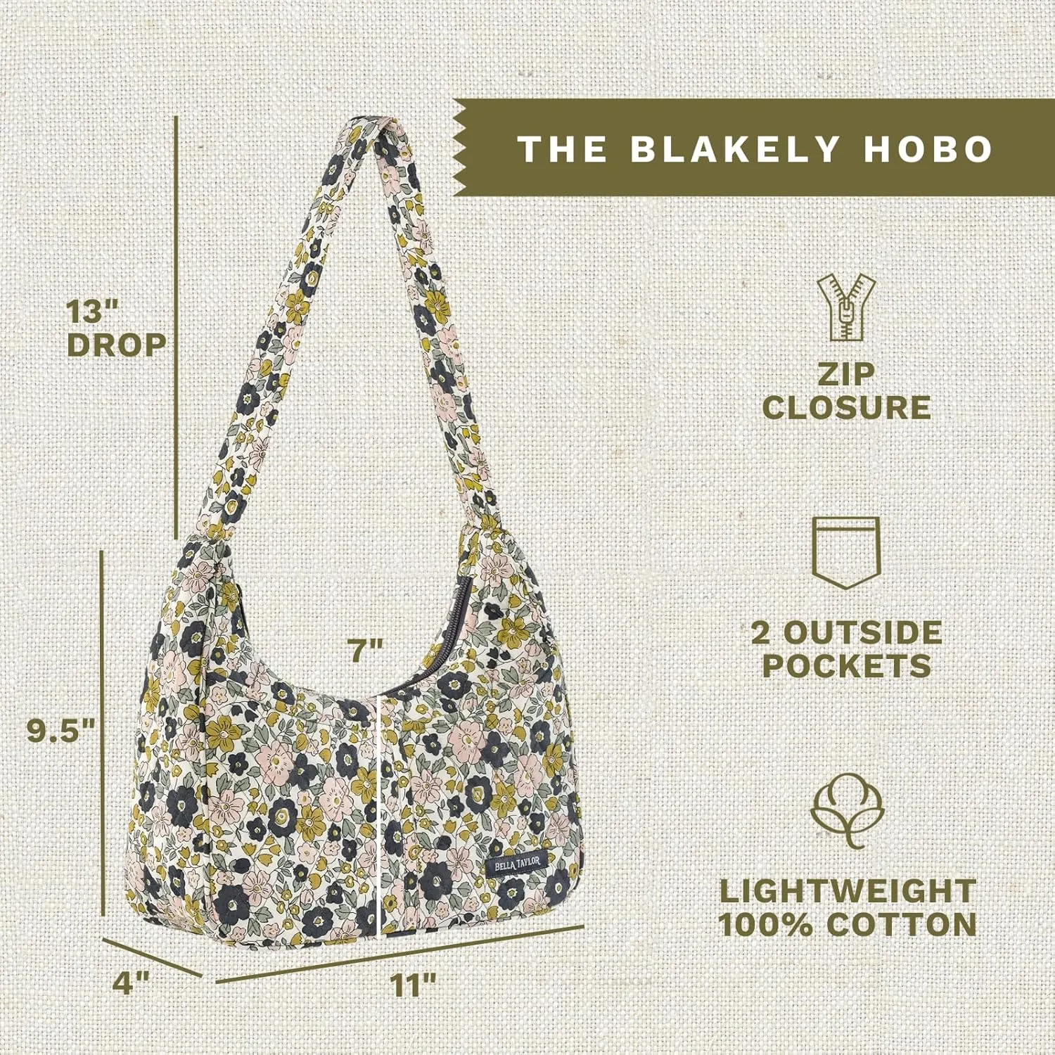 Bella Taylor Blakely - Hobo Shoulder Bag for Women - Lightweight Quilted Fabric Purse with Pockets