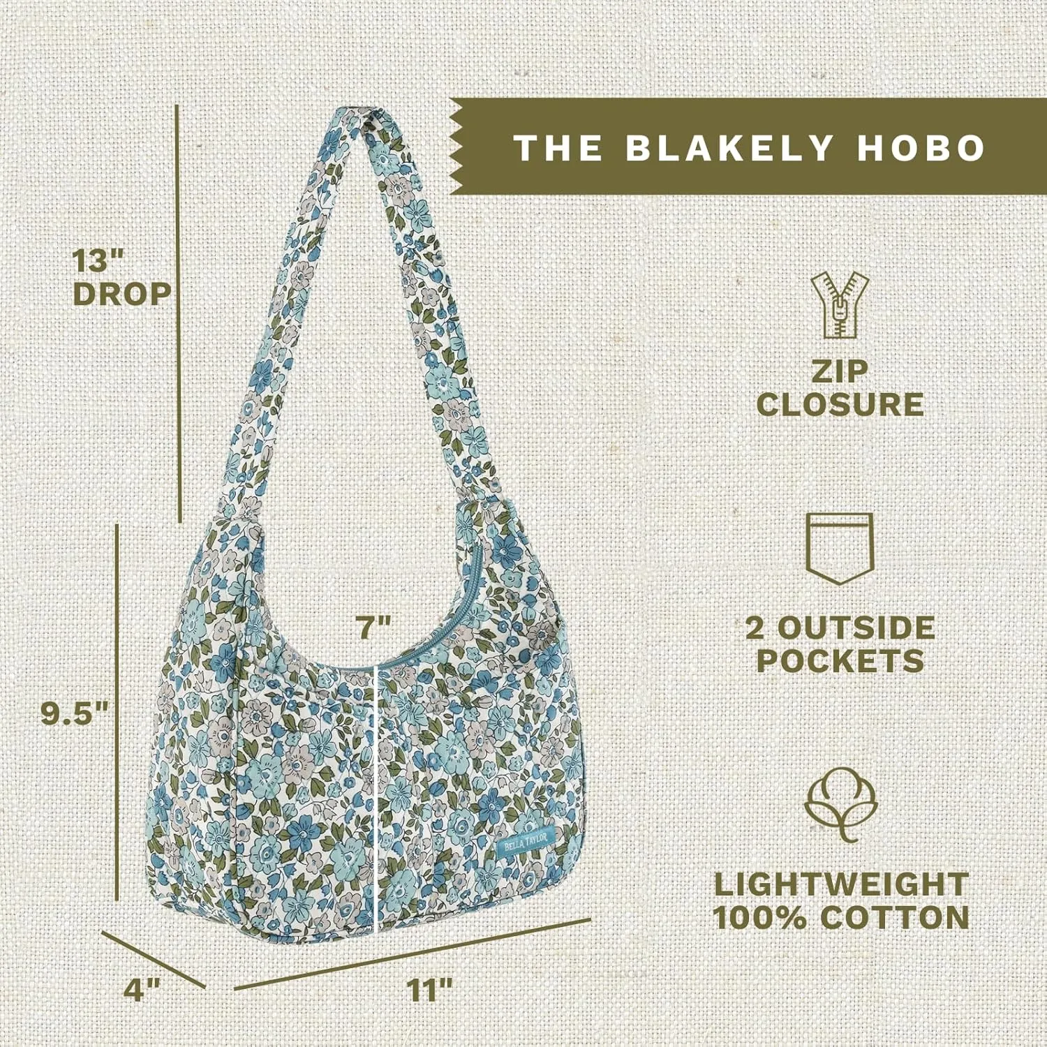 Bella Taylor Blakely - Hobo Shoulder Bag for Women - Lightweight Quilted Fabric Purse with Pockets