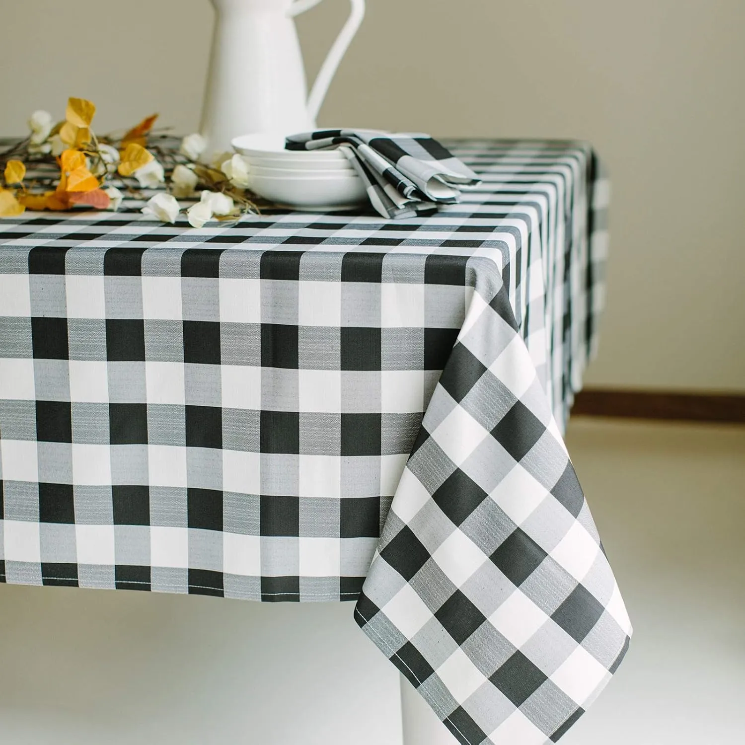Benson Mills Buffalo Check Plaid Heavyweight Spillproof Fabric Table Cloth for Everyday Dining, Thanksgiving, Halloween, Picnic and Party Checkered Tablecloth (60" X 120" Rectangular, Black/Ivory)