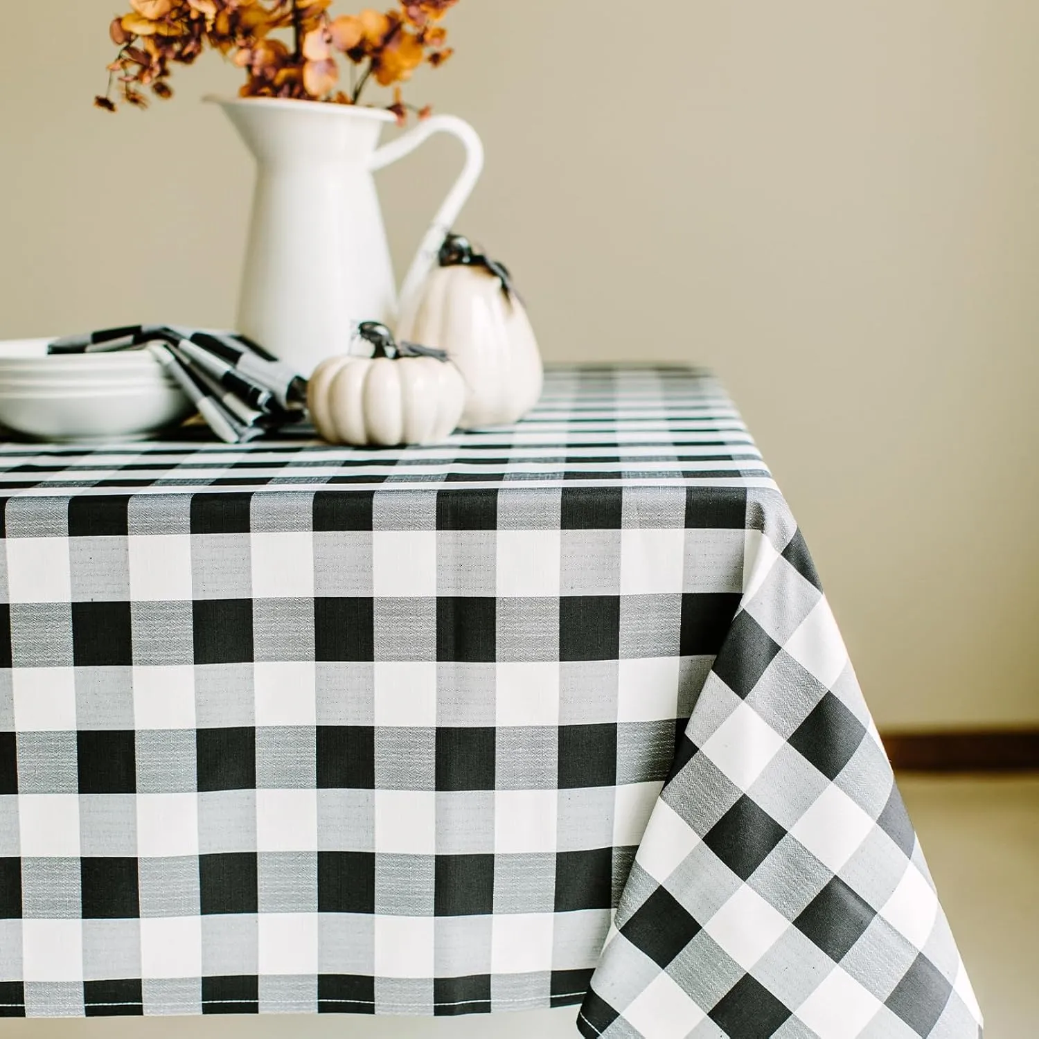 Benson Mills Buffalo Check Plaid Heavyweight Spillproof Fabric Table Cloth for Everyday Dining, Thanksgiving, Halloween, Picnic and Party Checkered Tablecloth (60" X 120" Rectangular, Black/Ivory)