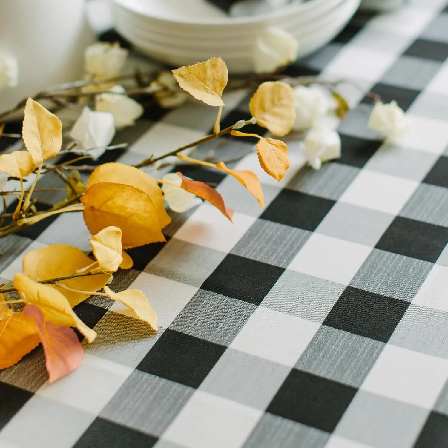 Benson Mills Buffalo Check Plaid Heavyweight Spillproof Fabric Table Cloth for Everyday Dining, Thanksgiving, Halloween, Picnic and Party Checkered Tablecloth (60" X 120" Rectangular, Black/Ivory)