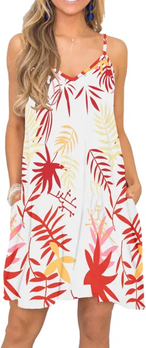 BEUFRI Women's Summer Spaghetti Strap Casual Swing Tank Beach Cover Up Dress with Pockets