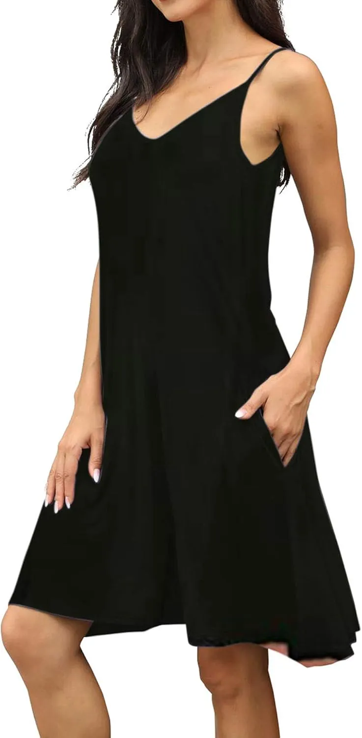 BEUFRI Women's Summer Spaghetti Strap Casual Swing Tank Beach Cover Up Dress with Pockets