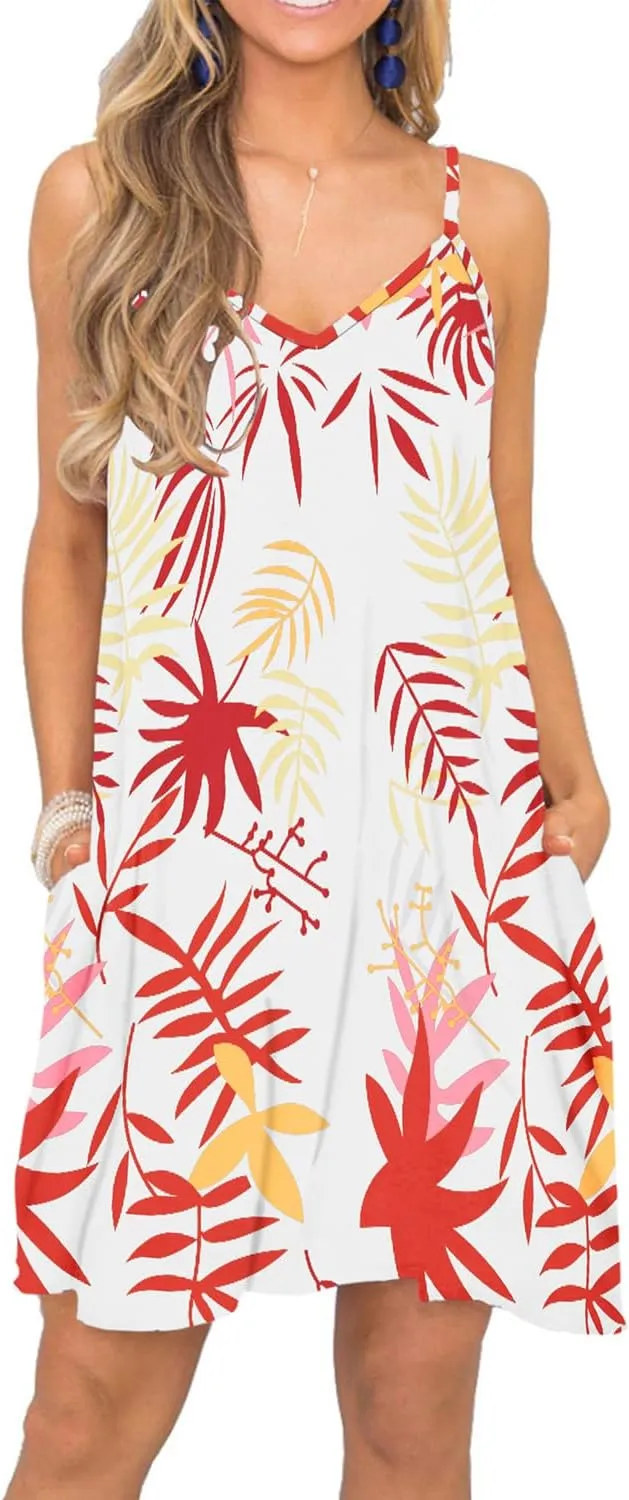BEUFRI Women's Summer Spaghetti Strap Casual Swing Tank Beach Cover Up Dress with Pockets