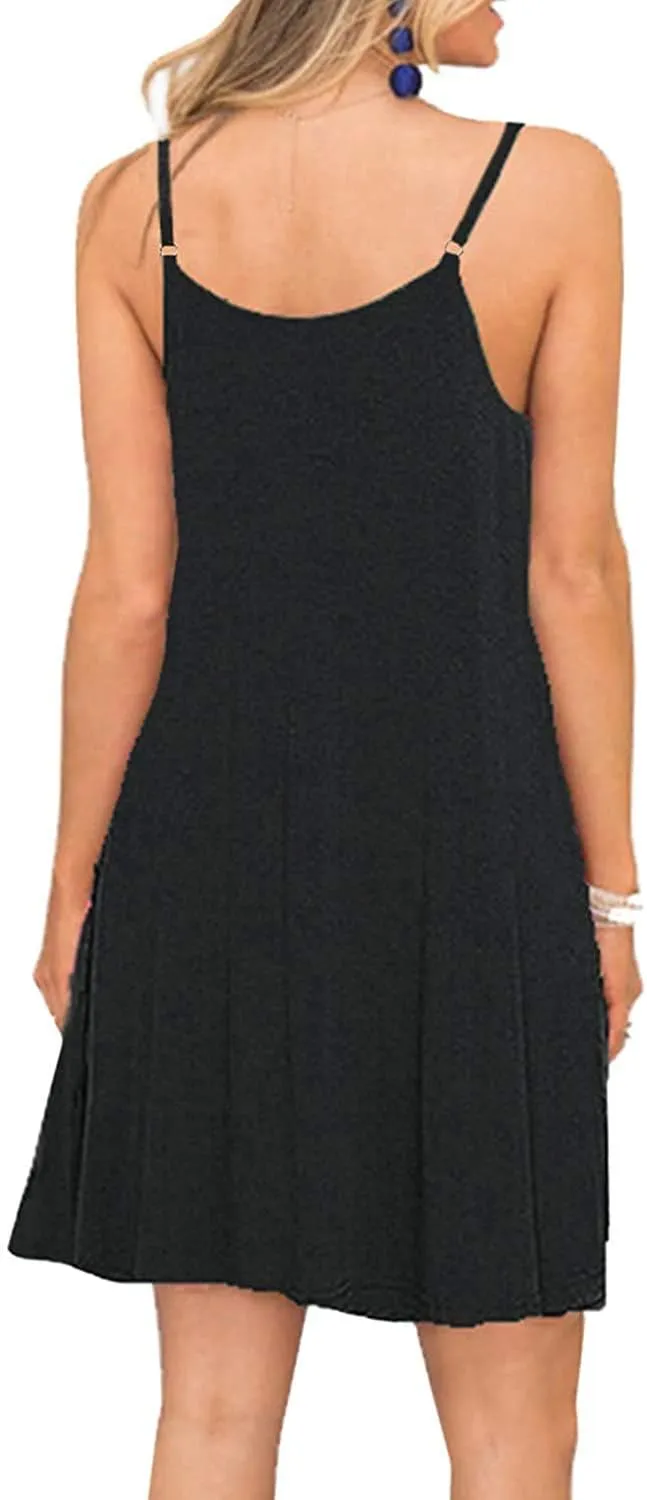 BEUFRI Women's Summer Spaghetti Strap Casual Swing Tank Beach Cover Up Dress with Pockets