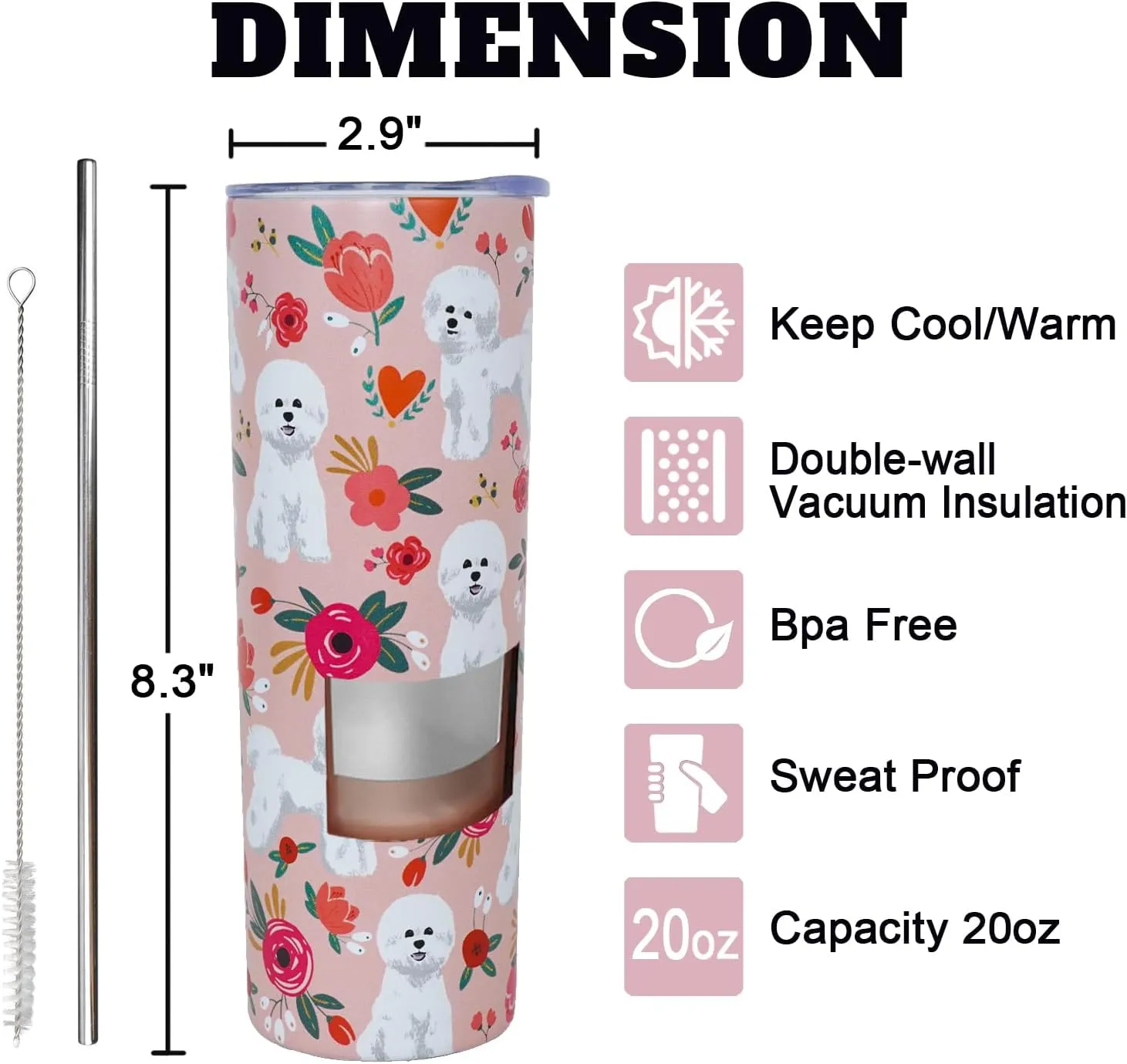 Bichon Frise Gifts for Women Cute Dog Tumbler Coffee Cup for Women Bichon Frise Travel Mug 20 Oz Stainless Steel Insulated Water Bottle With Lid and Straw