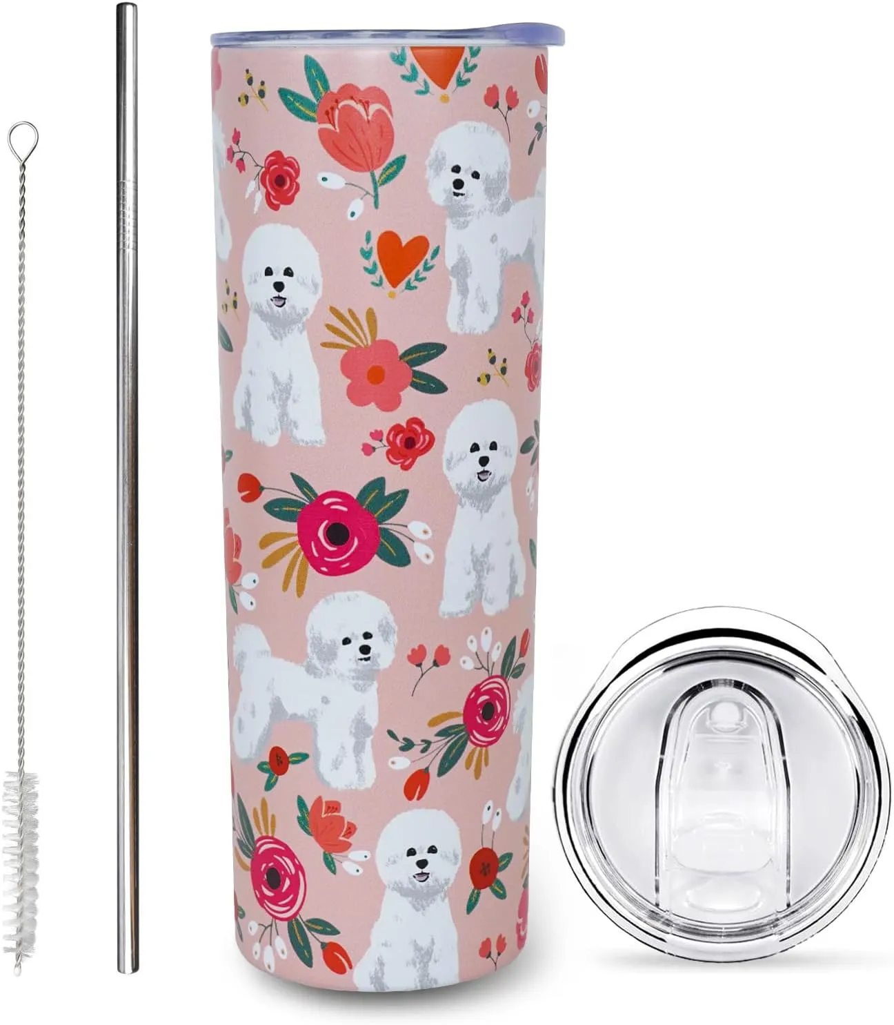 Bichon Frise Gifts for Women Cute Dog Tumbler Coffee Cup for Women Bichon Frise Travel Mug 20 Oz Stainless Steel Insulated Water Bottle With Lid and Straw