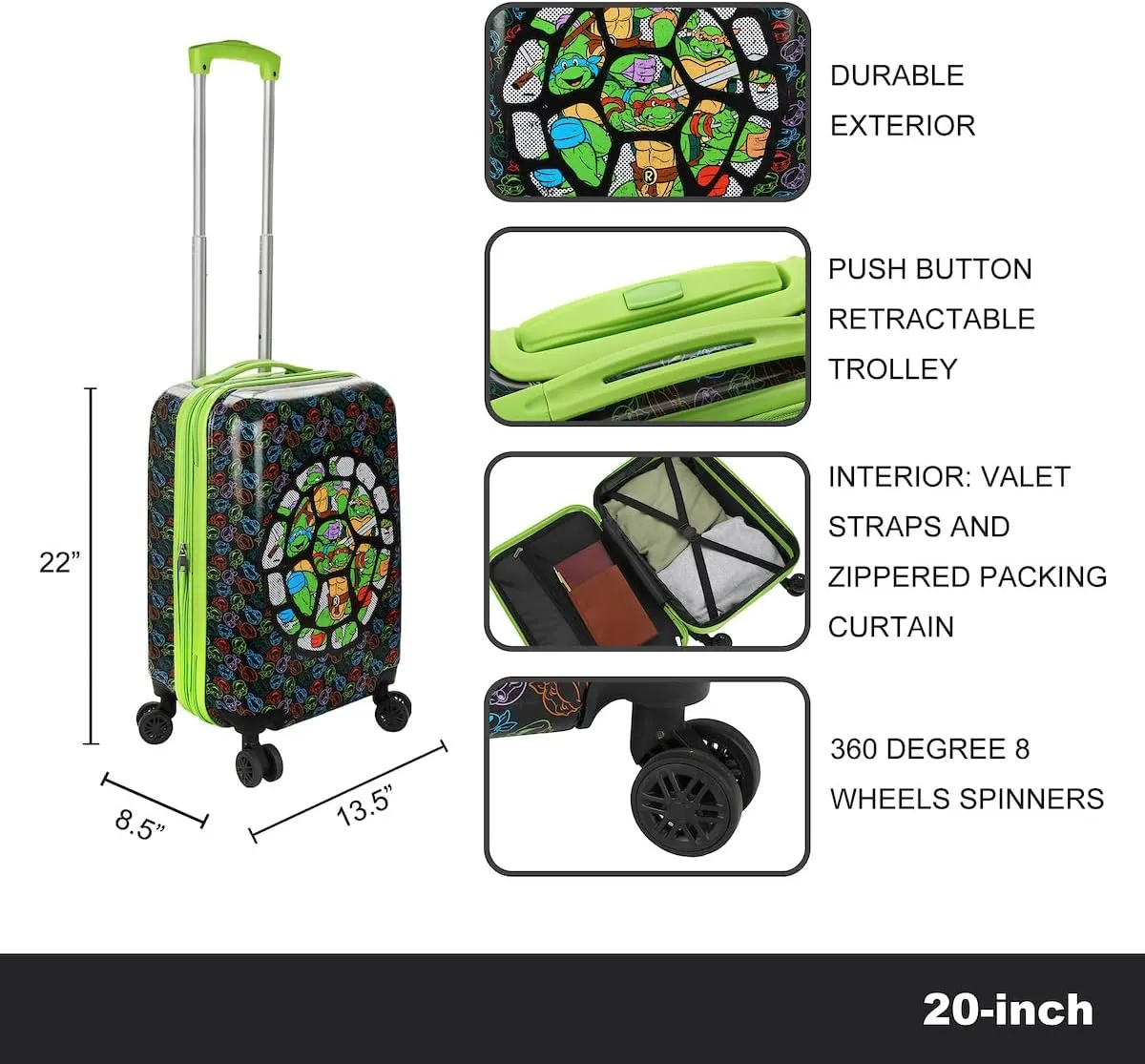 Bioworld Teenage Mutant Ninja Turtles All-Over Character Print Behind Turtle Shell Design Black 20" Carry-On Luggage