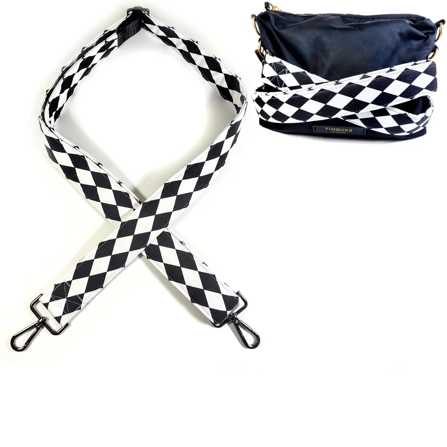 Black & White Diamond Cross Body Guitar Style Bag Strap - Checkered Guitar Style Bag Strap Custom Color- Adjustable -Double Padded- (1.5" Width, Gun Metal(Black))