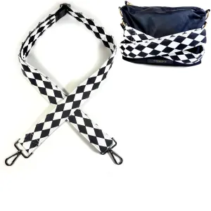Black & White Diamond Cross Body Guitar Style Bag Strap - Checkered Guitar Style Bag Strap Custom Color- Adjustable -Double Padded- (1.5" Width, Gun Metal(Black))