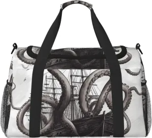 Black And White Octopus And Ship Travel Duffel Bag Lightweight Waterproof Carry On Tote Bag Foldable Weekender Overnight Bags Sport Gym Bag For Women Men