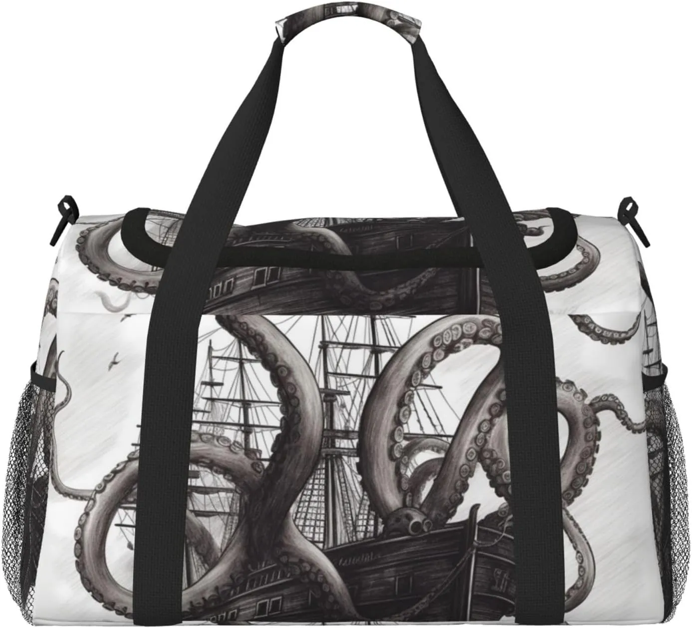 Black And White Octopus And Ship Travel Duffel Bag Lightweight Waterproof Carry On Tote Bag Foldable Weekender Overnight Bags Sport Gym Bag For Women Men