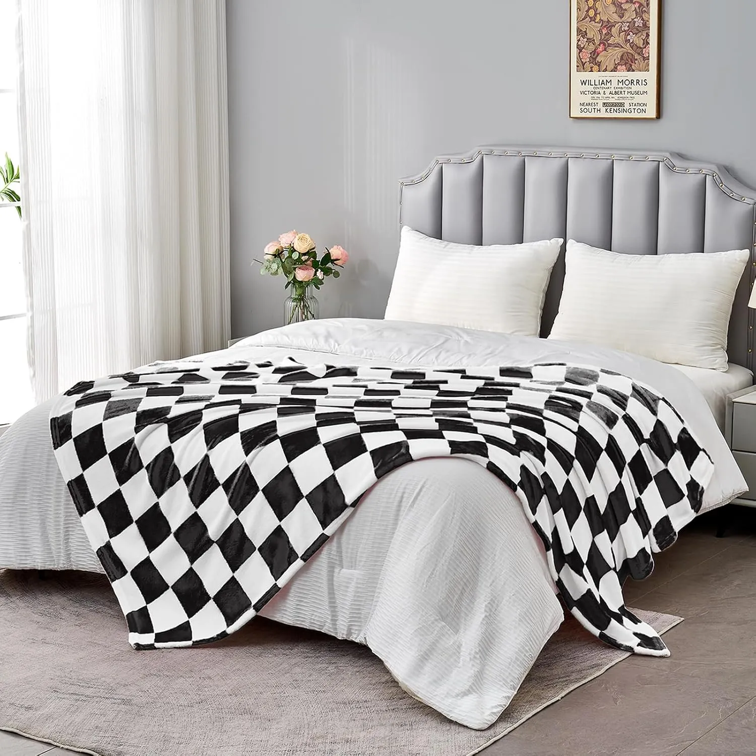 Black Checkered Blanket, Soft Cozy Fleece Checkered Throw Blankets for Bed Sofa Couch Camping, Ultra Fluffy Throws for All Seasons, 60x80 Inch, Black