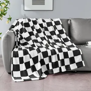 Black Checkered Blanket, Soft Cozy Fleece Checkered Throw Blankets for Bed Sofa Couch Camping, Ultra Fluffy Throws for All Seasons, 60x80 Inch, Black