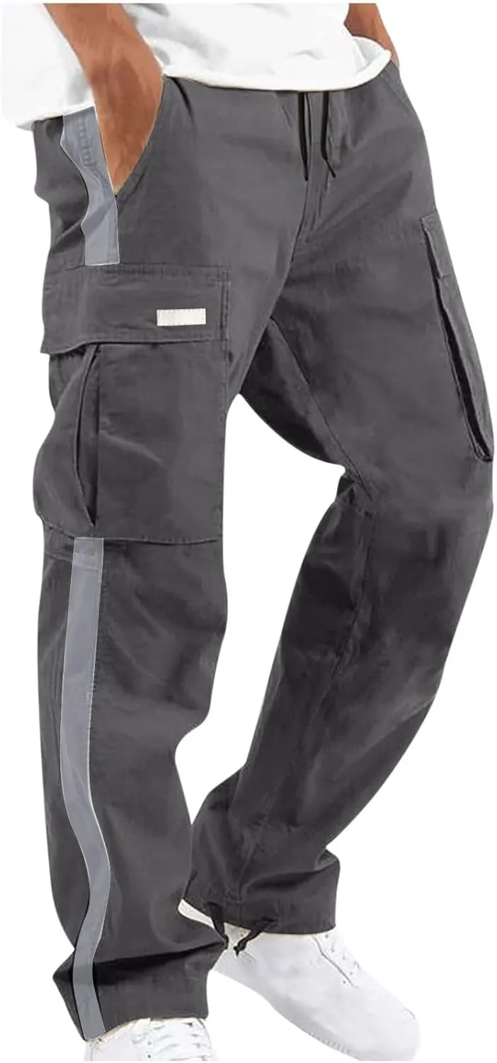 Black Joggers Men Cargo Drawstring Running Straight Sweatpants Causal Joggers Athletic Pants with Pockets Hiking