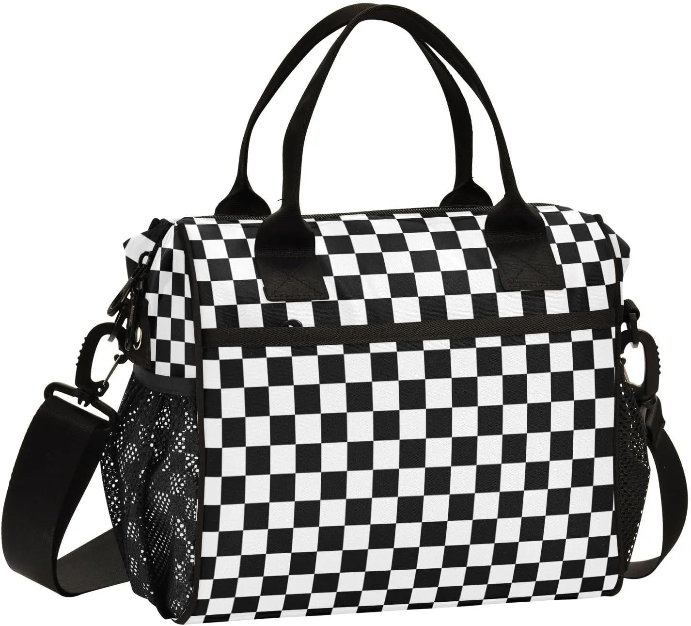 Black White Checkered Pattern Lunch Bag Insulated Cooler Bag Tote Reusable Lunch Box for Women Men Adult Adjustable Shoulder Strap Leakproof for Work Picnic
