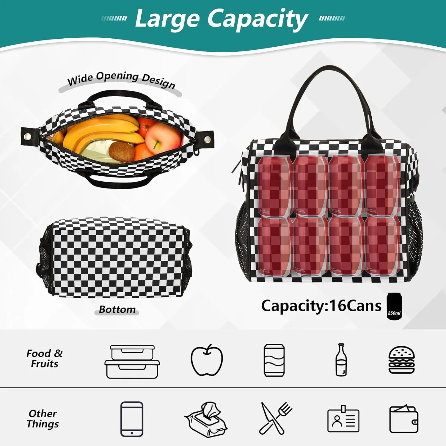 Black White Checkered Pattern Lunch Bag Insulated Cooler Bag Tote Reusable Lunch Box for Women Men Adult Adjustable Shoulder Strap Leakproof for Work Picnic