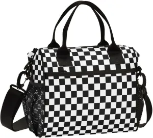 Black White Checkered Pattern Lunch Bag Insulated Cooler Bag Tote Reusable Lunch Box for Women Men Adult Adjustable Shoulder Strap Leakproof for Work Picnic