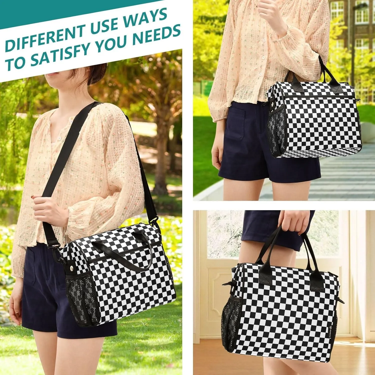 Black White Checkered Pattern Lunch Bag Insulated Cooler Bag Tote Reusable Lunch Box for Women Men Adult Adjustable Shoulder Strap Leakproof for Work Picnic