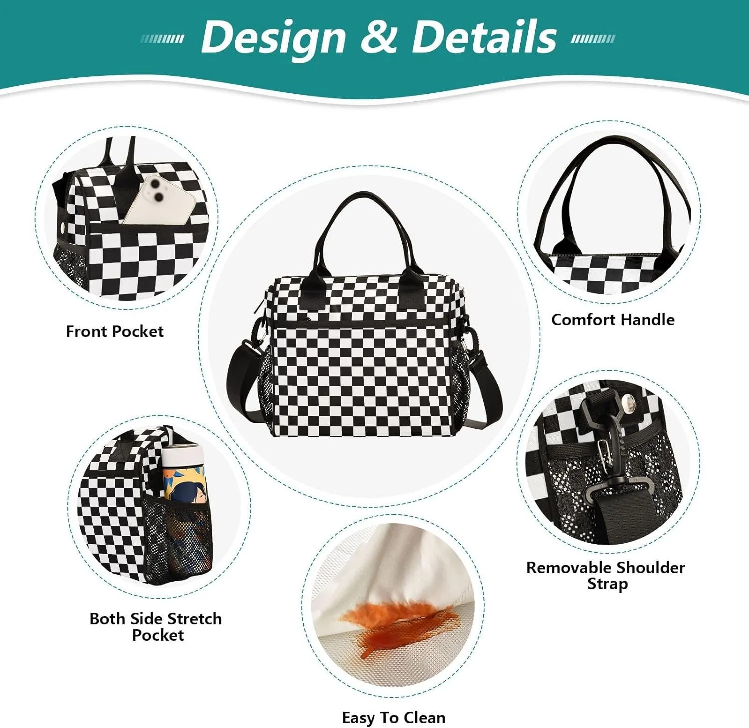 Black White Checkered Pattern Lunch Bag Insulated Cooler Bag Tote Reusable Lunch Box for Women Men Adult Adjustable Shoulder Strap Leakproof for Work Picnic
