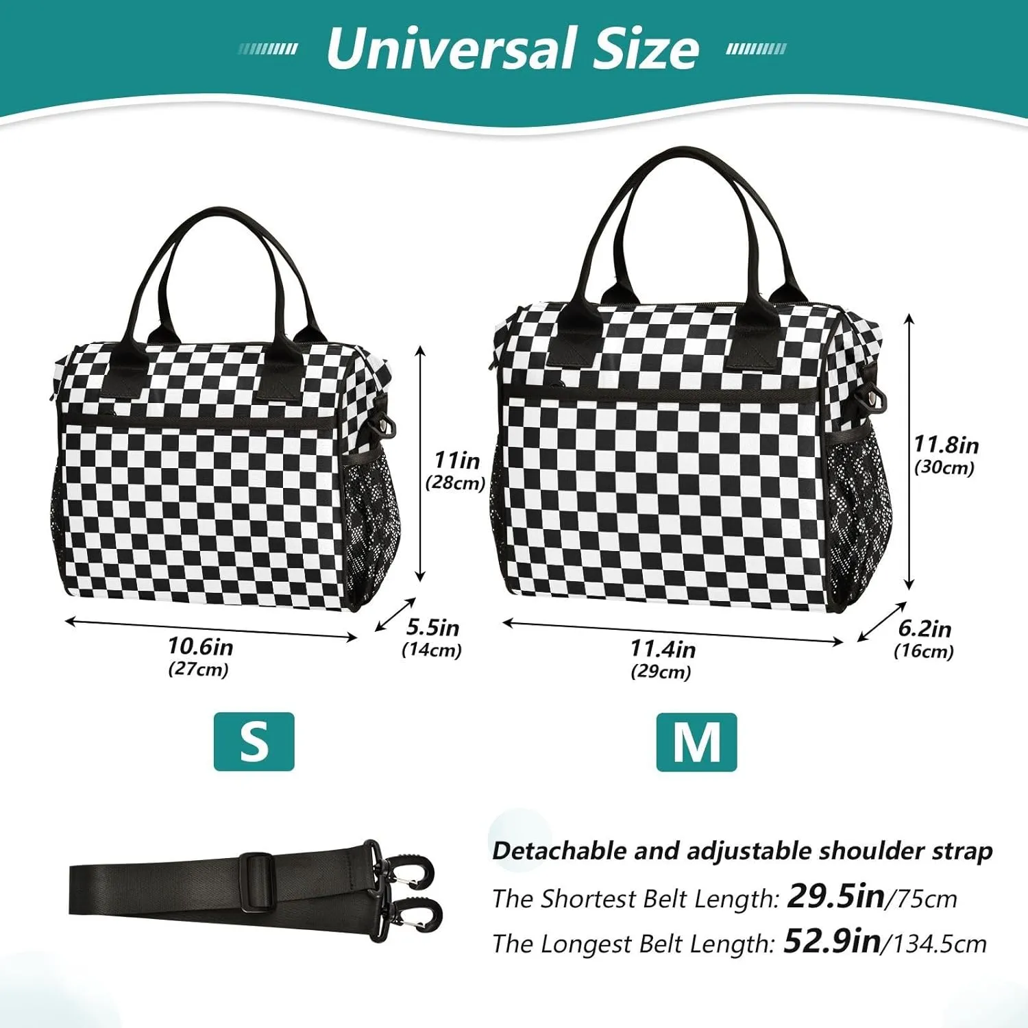 Black White Checkered Pattern Lunch Bag Insulated Cooler Bag Tote Reusable Lunch Box for Women Men Adult Adjustable Shoulder Strap Leakproof for Work Picnic
