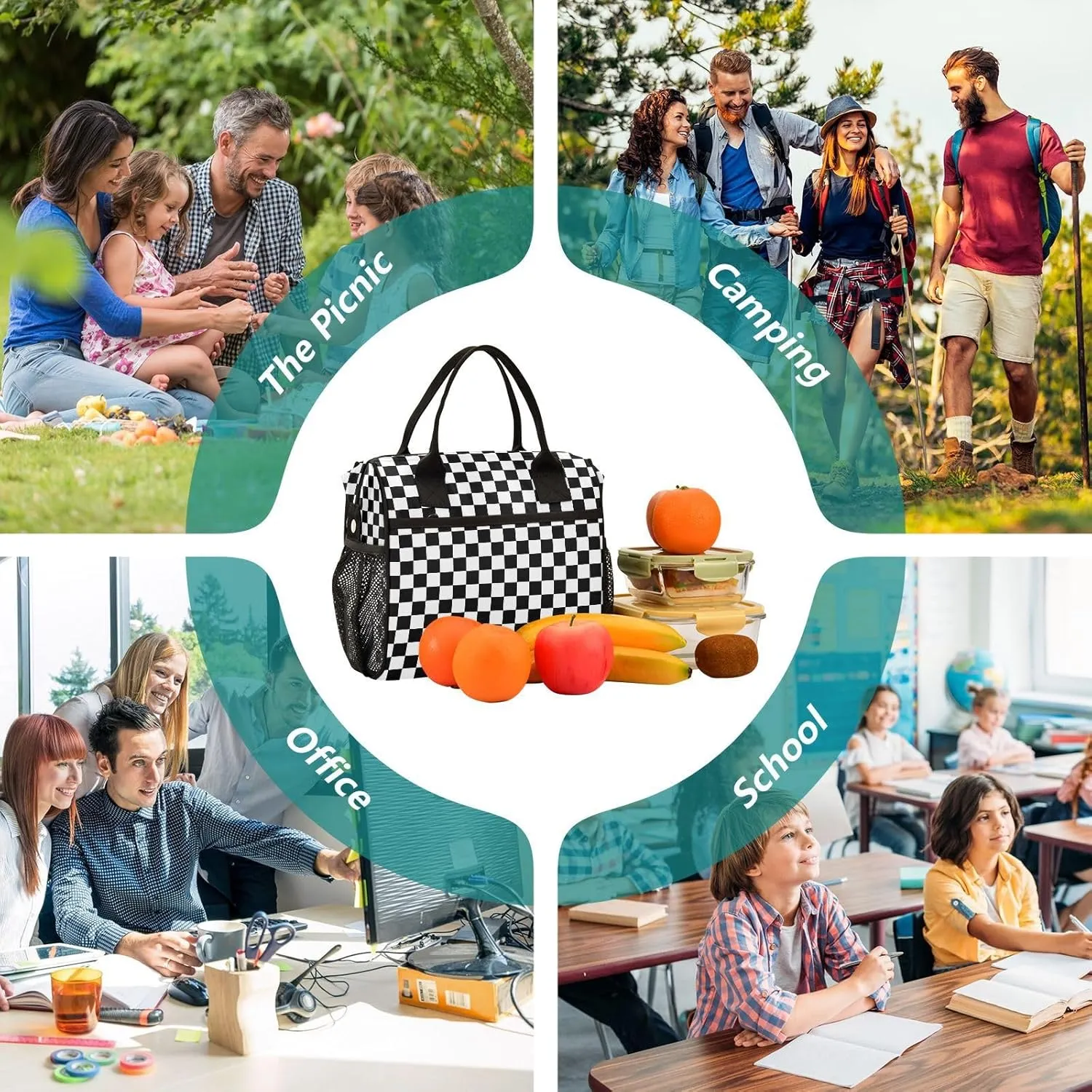 Black White Checkered Pattern Lunch Bag Insulated Cooler Bag Tote Reusable Lunch Box for Women Men Adult Adjustable Shoulder Strap Leakproof for Work Picnic