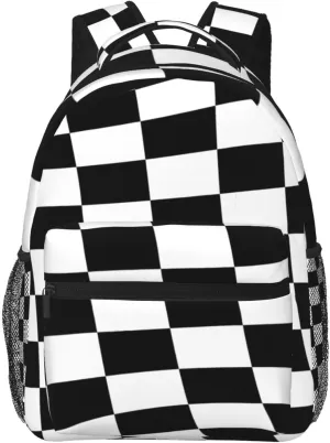 Black White Checkered Race Flag Backpack Casual Pack Bag Laptop Backpack With Side Pocket Front Zipper Pocket Bookpack Travel Daypack Picnic Rucksack