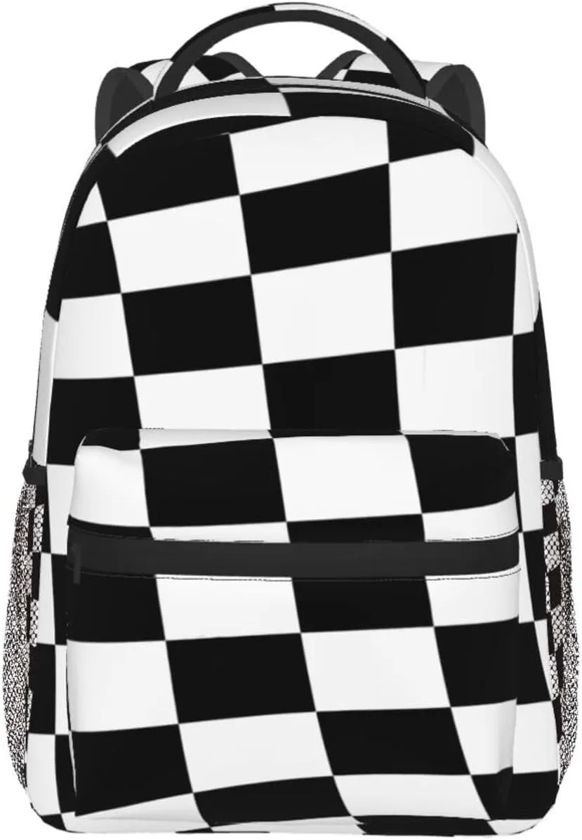 Black White Checkered Race Flag Backpack Casual Pack Bag Laptop Backpack With Side Pocket Front Zipper Pocket Bookpack Travel Daypack Picnic Rucksack