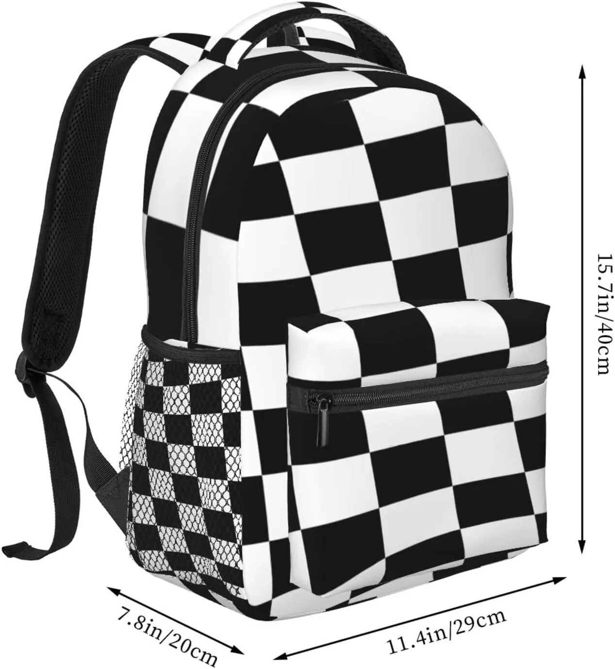 Black White Checkered Race Flag Backpack Casual Pack Bag Laptop Backpack With Side Pocket Front Zipper Pocket Bookpack Travel Daypack Picnic Rucksack