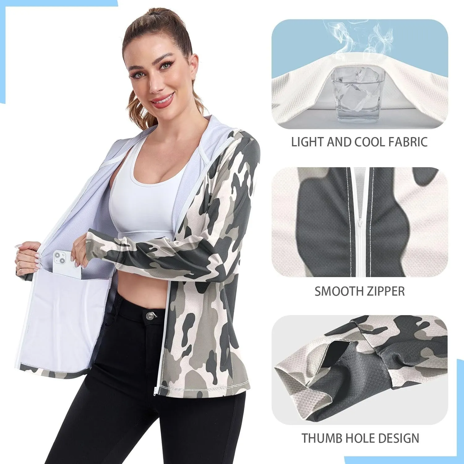 Black White Texture Women's Full Zip UPF 50  Cooling Sun Protection Hooded Jacket with Zip Pocket -S