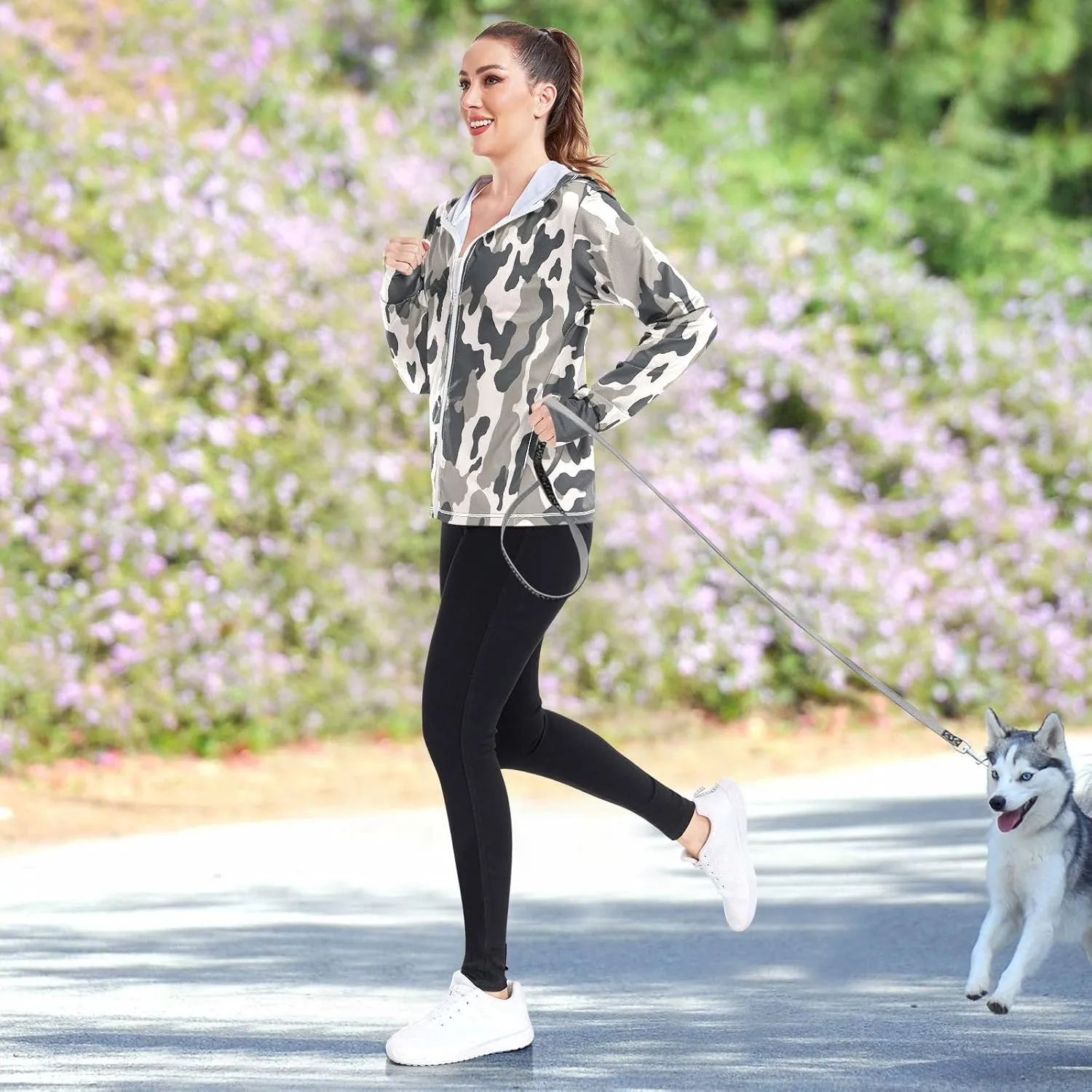 Black White Texture Women's Full Zip UPF 50  Cooling Sun Protection Hooded Jacket with Zip Pocket -S