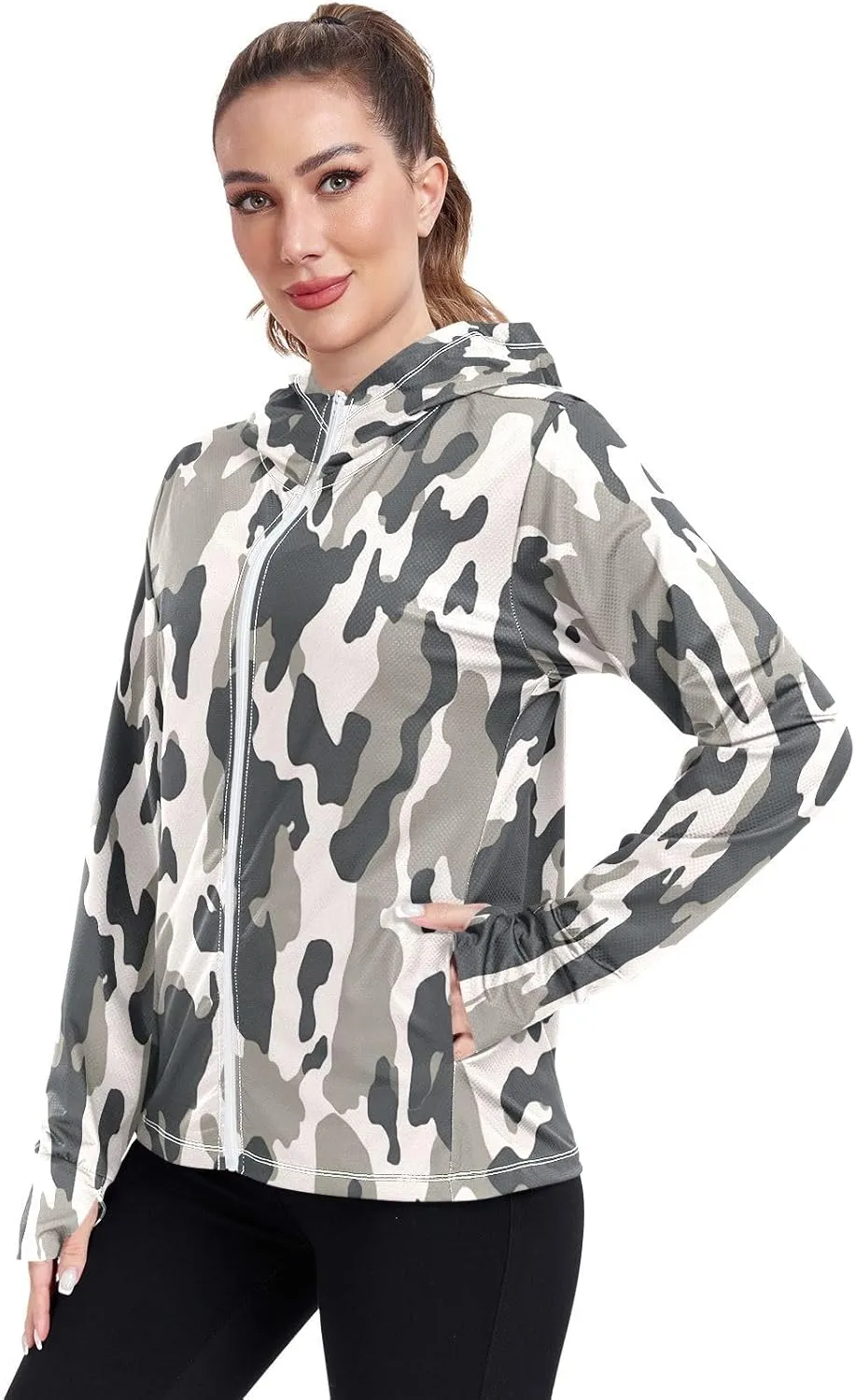 Black White Texture Women's Full Zip UPF 50  Cooling Sun Protection Hooded Jacket with Zip Pocket -S