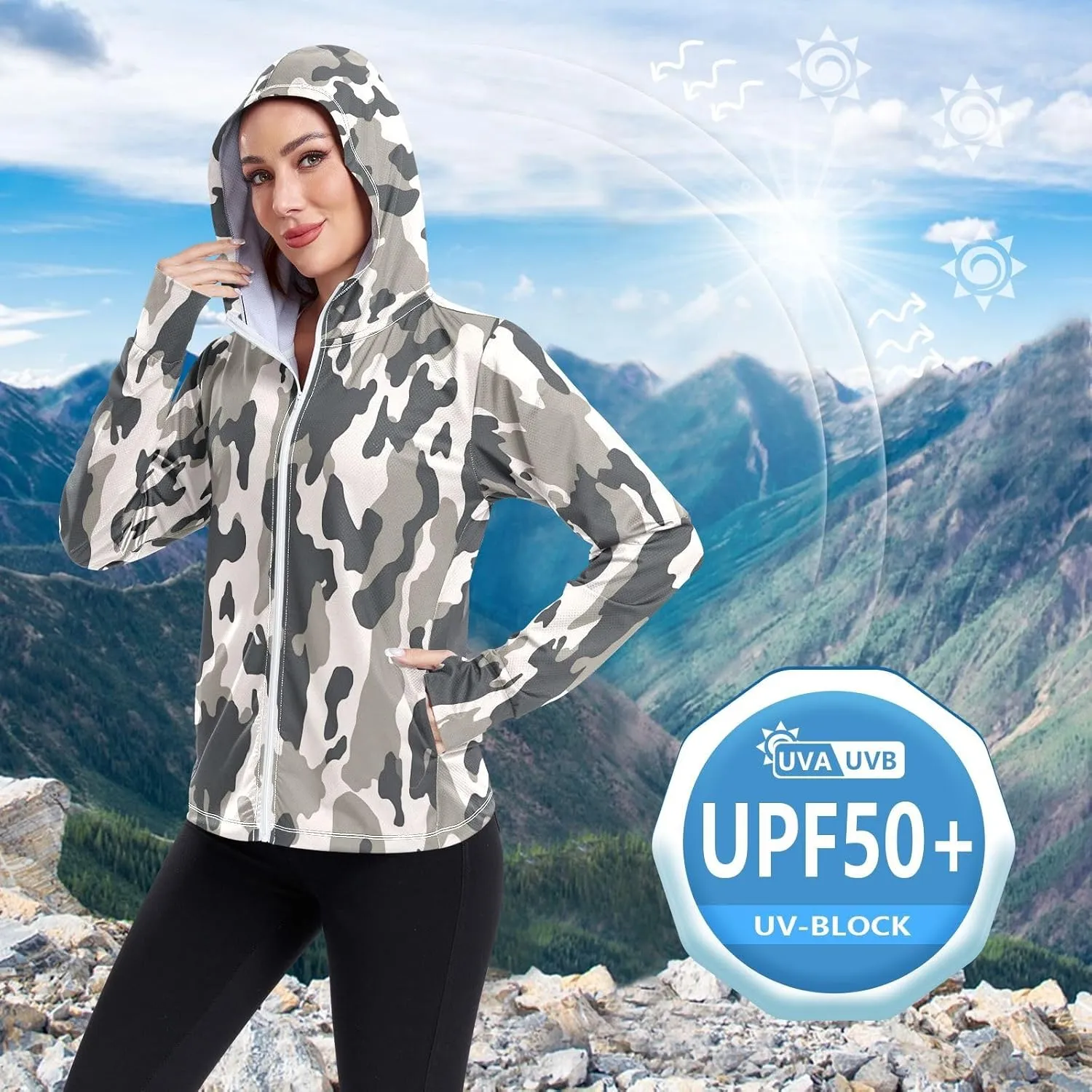 Black White Texture Women's Full Zip UPF 50  Cooling Sun Protection Hooded Jacket with Zip Pocket -S