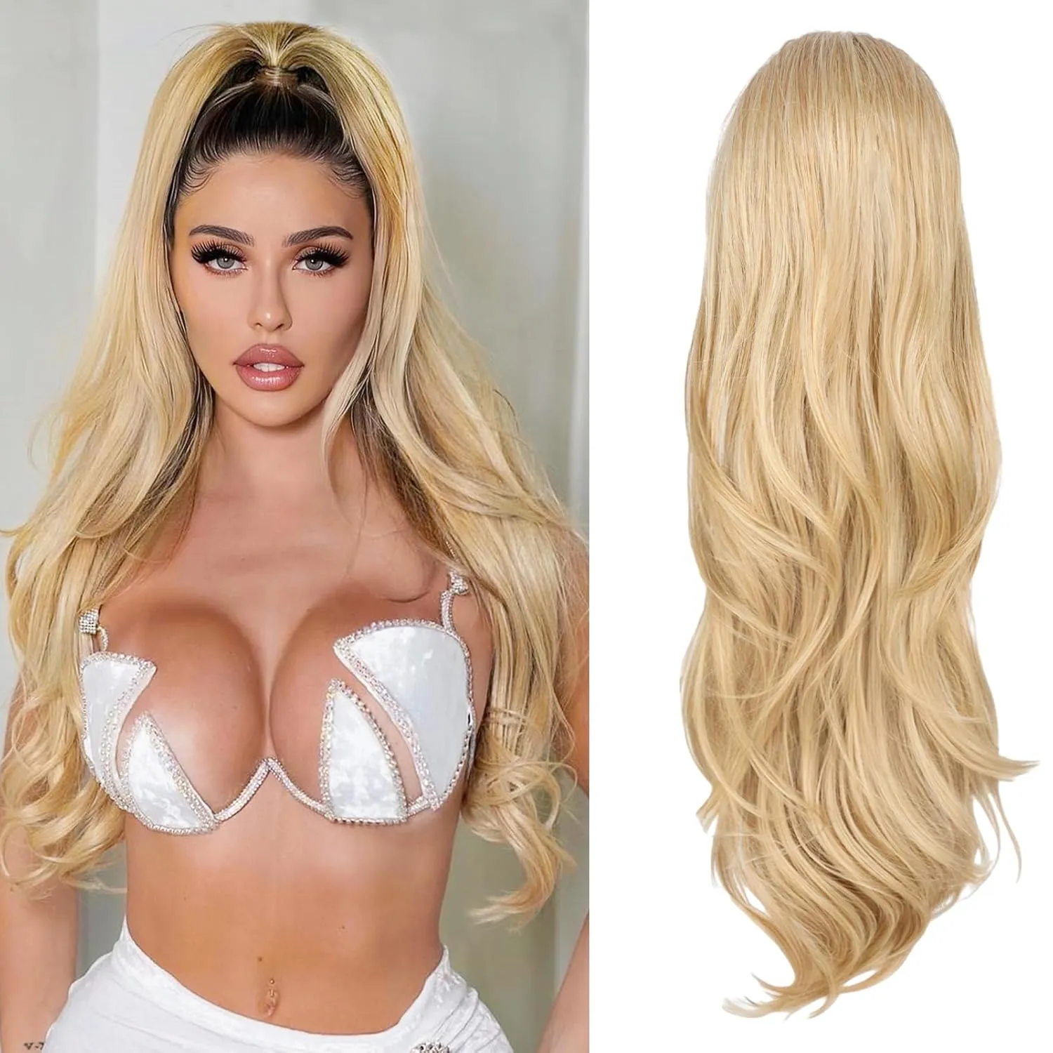 Blonde Ponytail Extension, 26 Inch Drawstring Ponytail Extension for Women Long Blonde Wavy Layered Pony Tails Hair Extensions Synthetic Clip in Ponytail Hairpiece for Women(27/613)
