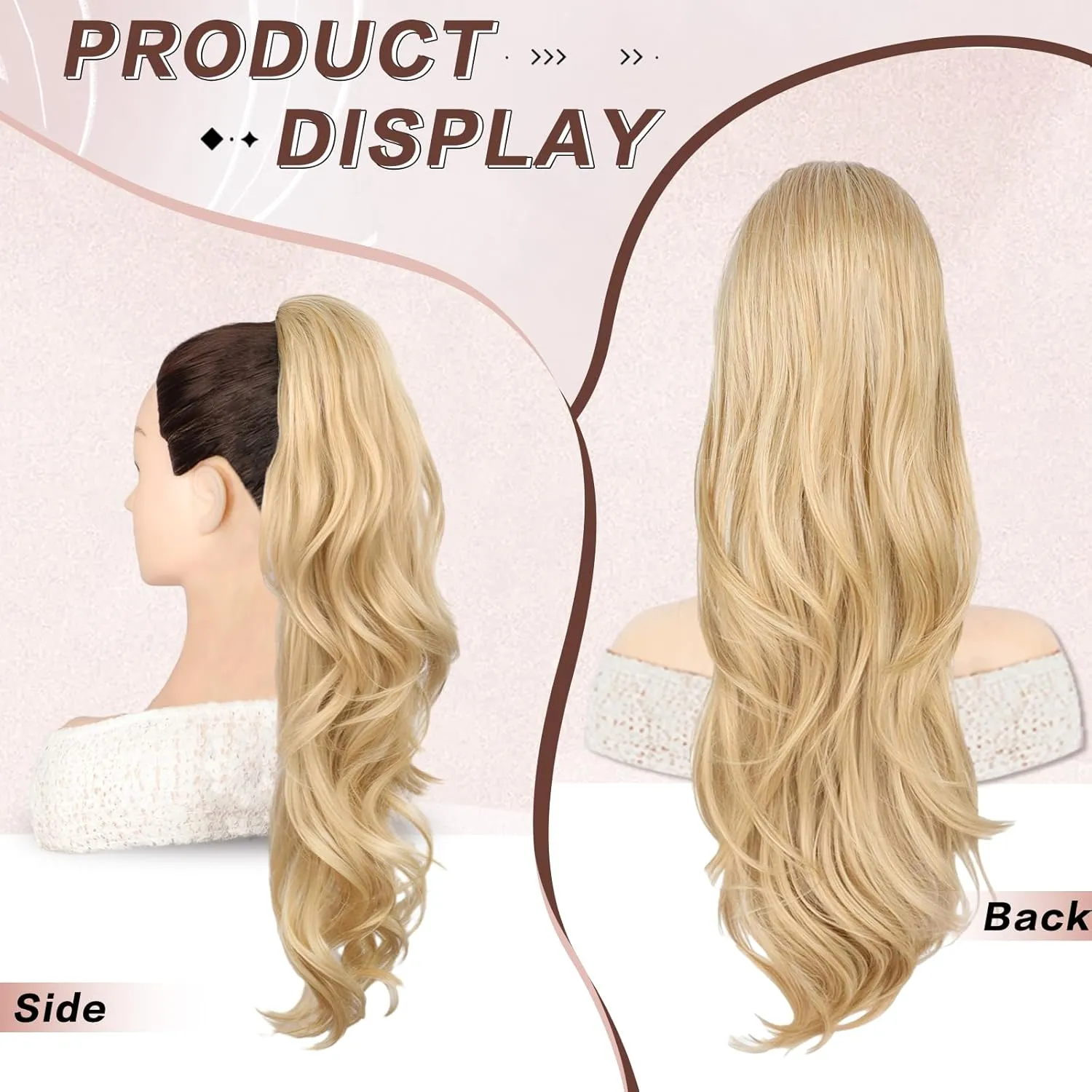 Blonde Ponytail Extension, 26 Inch Drawstring Ponytail Extension for Women Long Blonde Wavy Layered Pony Tails Hair Extensions Synthetic Clip in Ponytail Hairpiece for Women(27/613)