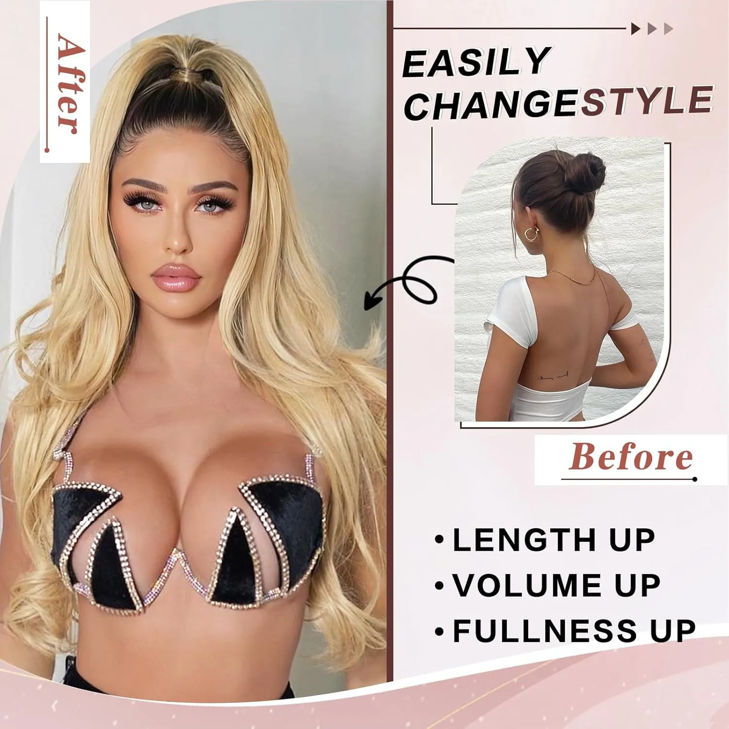 Blonde Ponytail Extension, 26 Inch Drawstring Ponytail Extension for Women Long Blonde Wavy Layered Pony Tails Hair Extensions Synthetic Clip in Ponytail Hairpiece for Women(27/613)