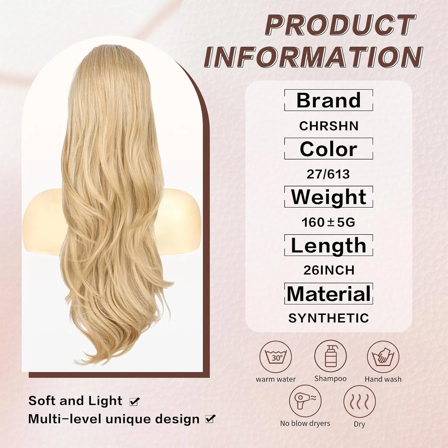 Blonde Ponytail Extension, 26 Inch Drawstring Ponytail Extension for Women Long Blonde Wavy Layered Pony Tails Hair Extensions Synthetic Clip in Ponytail Hairpiece for Women(27/613)