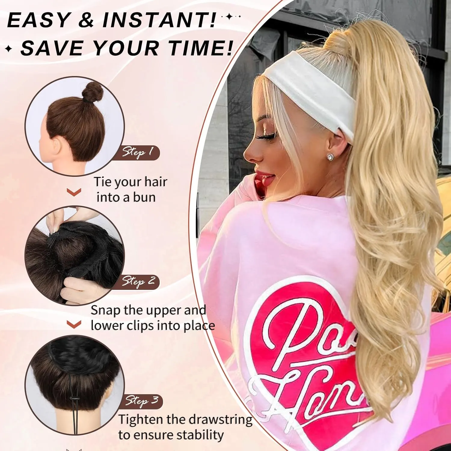 Blonde Ponytail Extension, 26 Inch Drawstring Ponytail Extension for Women Long Blonde Wavy Layered Pony Tails Hair Extensions Synthetic Clip in Ponytail Hairpiece for Women(27/613)