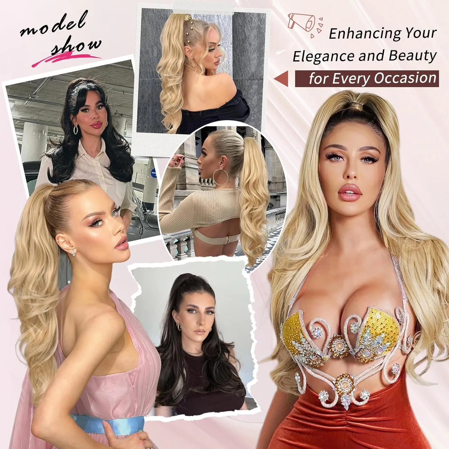 Blonde Ponytail Extension, 26 Inch Drawstring Ponytail Extension for Women Long Blonde Wavy Layered Pony Tails Hair Extensions Synthetic Clip in Ponytail Hairpiece for Women(27/613)