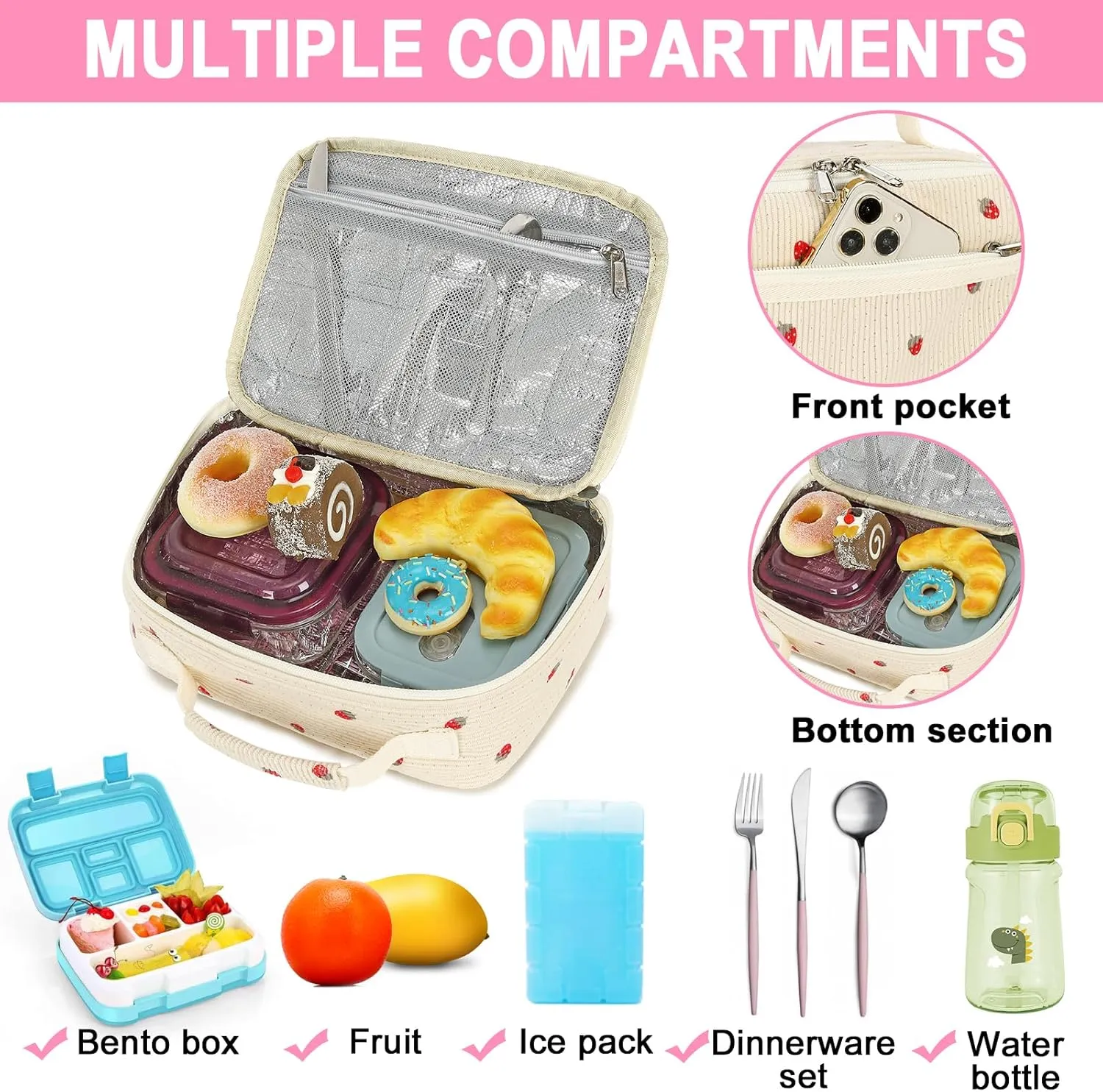 Bluboon Insulated Lunch Bag for Girls & Boys, Corduroy School Lunch Box with Cooler & Organizer Compartments, Leak-Proof Lunch Tote for School, Travel (Corduroy Strawberries Beige)