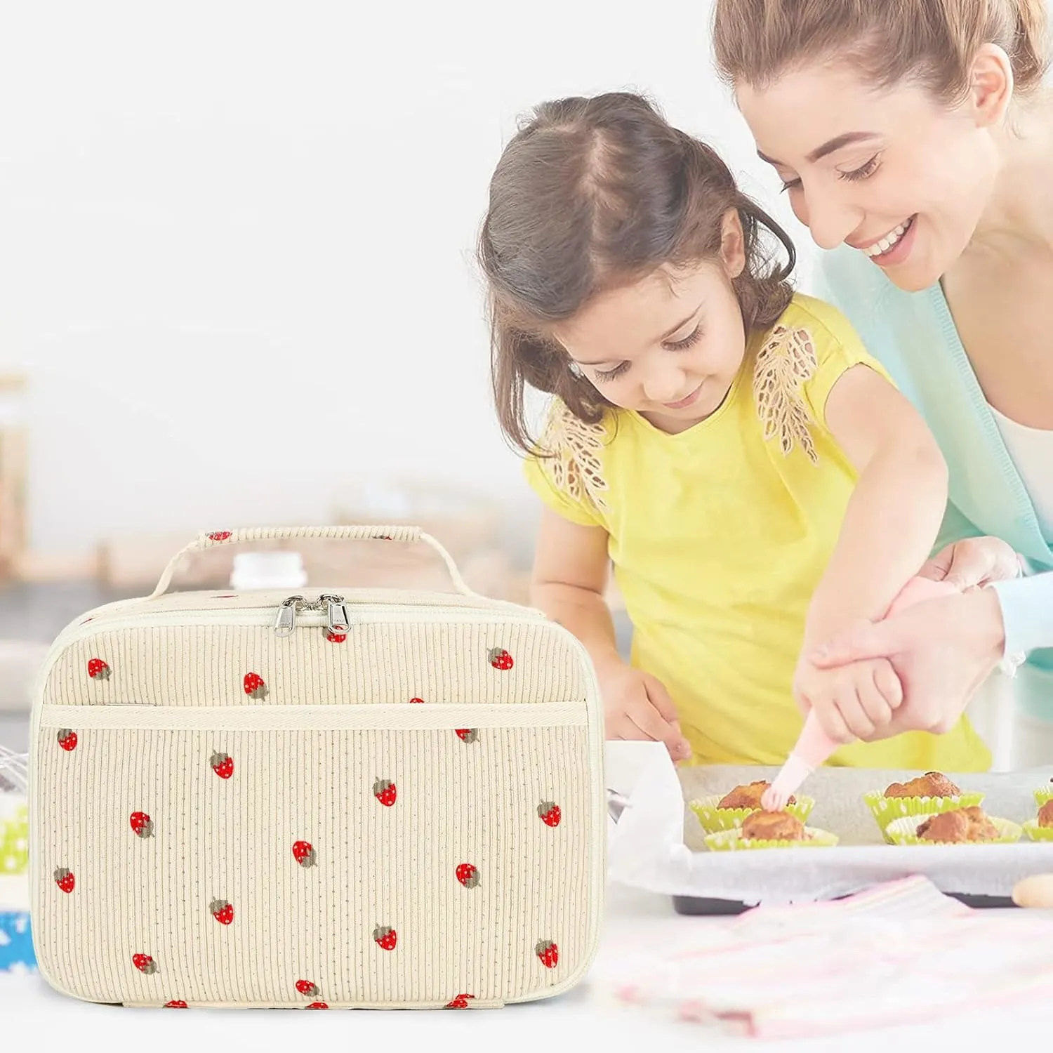 Bluboon Insulated Lunch Bag for Girls & Boys, Corduroy School Lunch Box with Cooler & Organizer Compartments, Leak-Proof Lunch Tote for School, Travel (Corduroy Strawberries Beige)