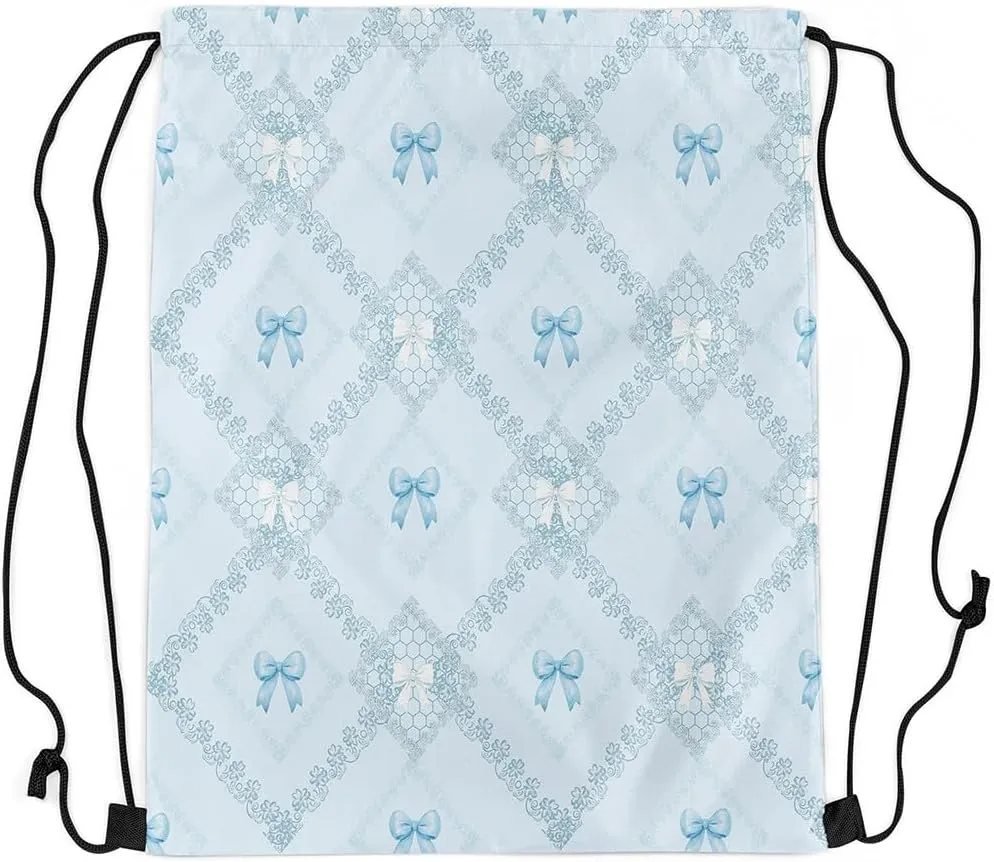 Blue Bowknots Drawstring Backpack Bag,Western Mandala Floral Blue Diamonds Patchwork Drawstring Bag,Large Capacity Princess Bow Dreamy Lace Grids Adjustable Draw String Bag