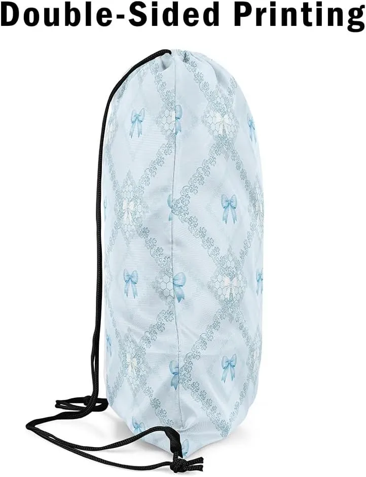 Blue Bowknots Drawstring Backpack Bag,Western Mandala Floral Blue Diamonds Patchwork Drawstring Bag,Large Capacity Princess Bow Dreamy Lace Grids Adjustable Draw String Bag
