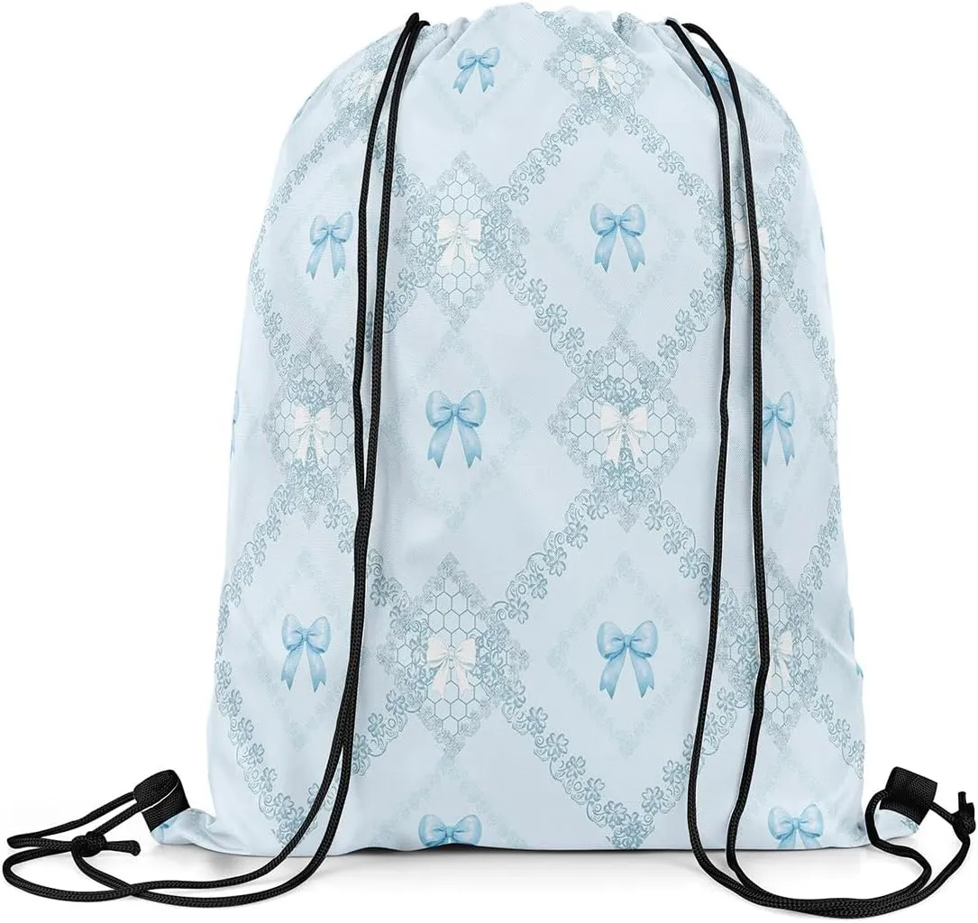Blue Bowknots Drawstring Backpack Bag,Western Mandala Floral Blue Diamonds Patchwork Drawstring Bag,Large Capacity Princess Bow Dreamy Lace Grids Adjustable Draw String Bag