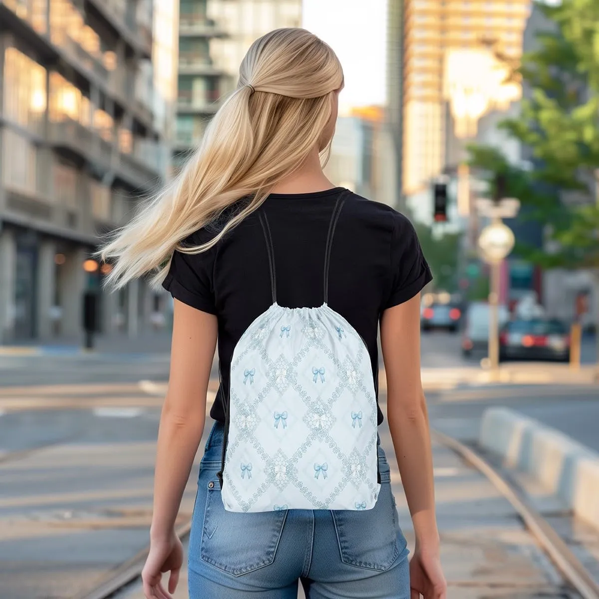 Blue Bowknots Drawstring Backpack Bag,Western Mandala Floral Blue Diamonds Patchwork Drawstring Bag,Large Capacity Princess Bow Dreamy Lace Grids Adjustable Draw String Bag