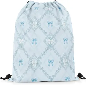 Blue Bowknots Drawstring Backpack Bag,Western Mandala Floral Blue Diamonds Patchwork Drawstring Bag,Large Capacity Princess Bow Dreamy Lace Grids Adjustable Draw String Bag