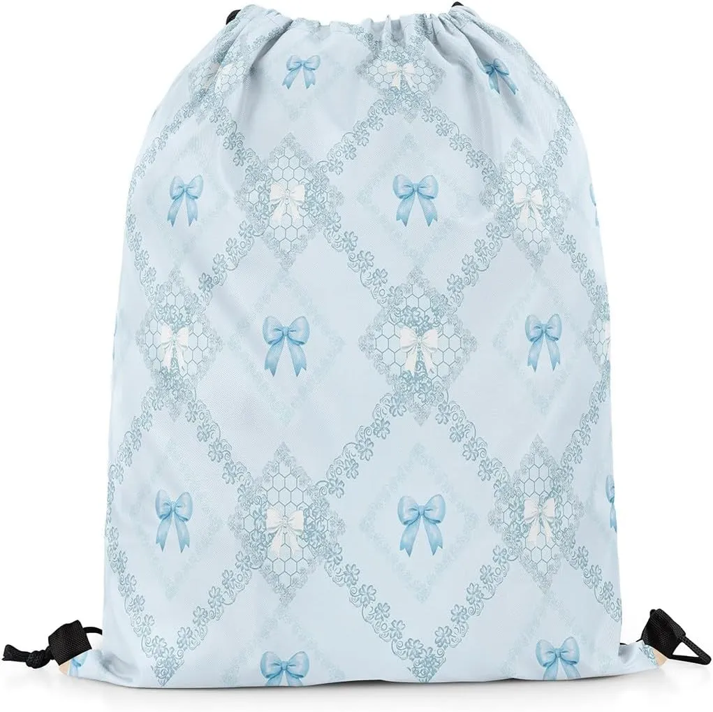 Blue Bowknots Drawstring Backpack Bag,Western Mandala Floral Blue Diamonds Patchwork Drawstring Bag,Large Capacity Princess Bow Dreamy Lace Grids Adjustable Draw String Bag