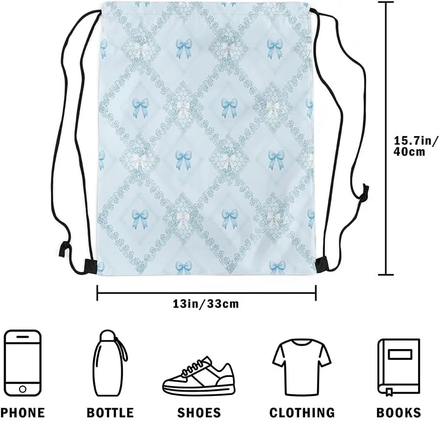 Blue Bowknots Drawstring Backpack Bag,Western Mandala Floral Blue Diamonds Patchwork Drawstring Bag,Large Capacity Princess Bow Dreamy Lace Grids Adjustable Draw String Bag