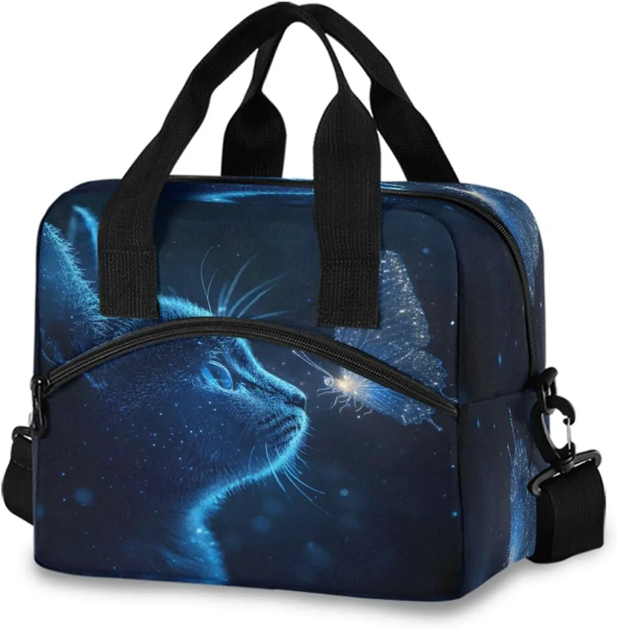 Blue Cat Glowing Butterfly Flying Lunch Box for Men Women Adults Insulated Lunch Bag Cooler Bag with Adjustable Shoulder Strap for Work Picnic Travel